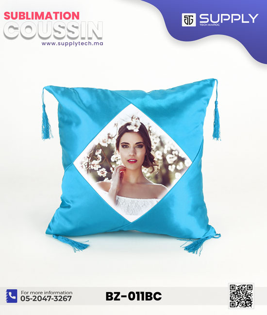 coussin satin bleu blan